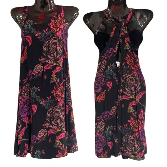 Alice + Olivia Dark Floral Liz Back Twist Keyhole Halter Neck Sleeveless Shift D - Picture 1 of 9